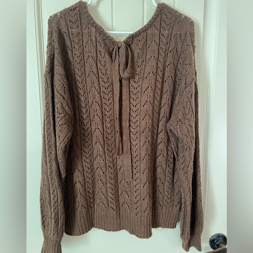 Pointelle brown sweater with tie back neck Fall must